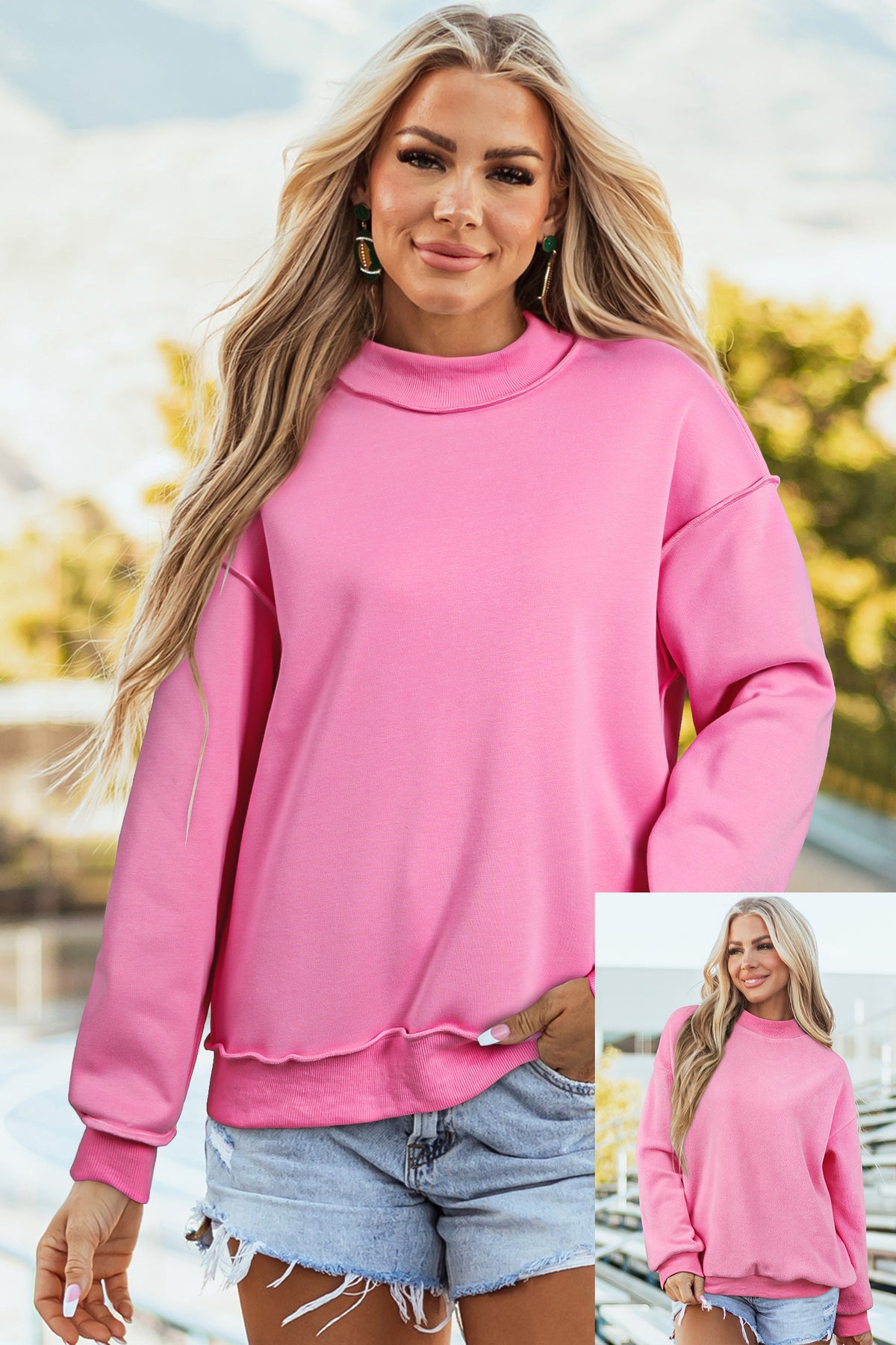 Bluing Oversize Drop Shoulder Reversible Mock Neck Sweatshirt