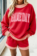 Fiery Red Game Day Gingham Trim Graphic Long Sleeve Top Shorts Set