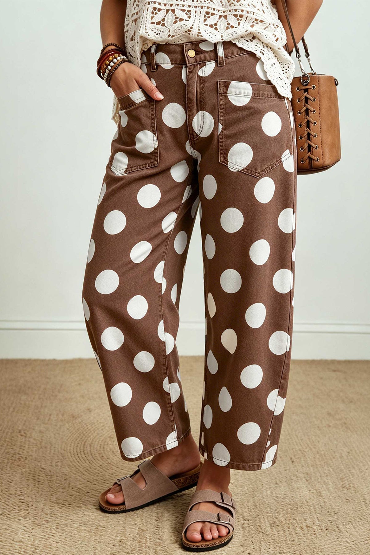 White Polka Dot Ankle-Length Barrel Jeans
