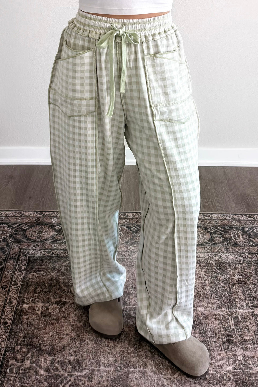Green Plaid Contrast Trim Drawstring Elastic Waist Shift Pants