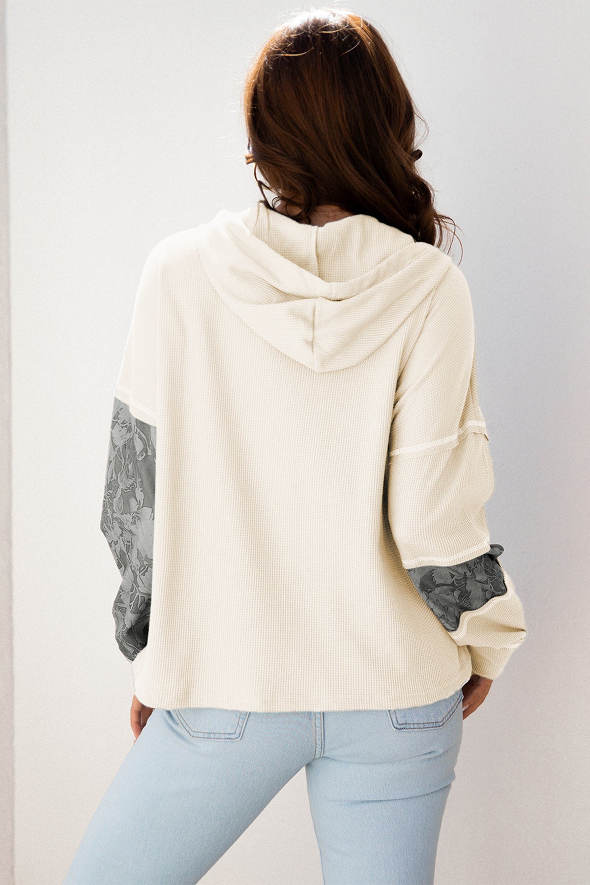 Cinnamon Waffle Printed Patchwork Drawstring Hooded Long Sleeve Top