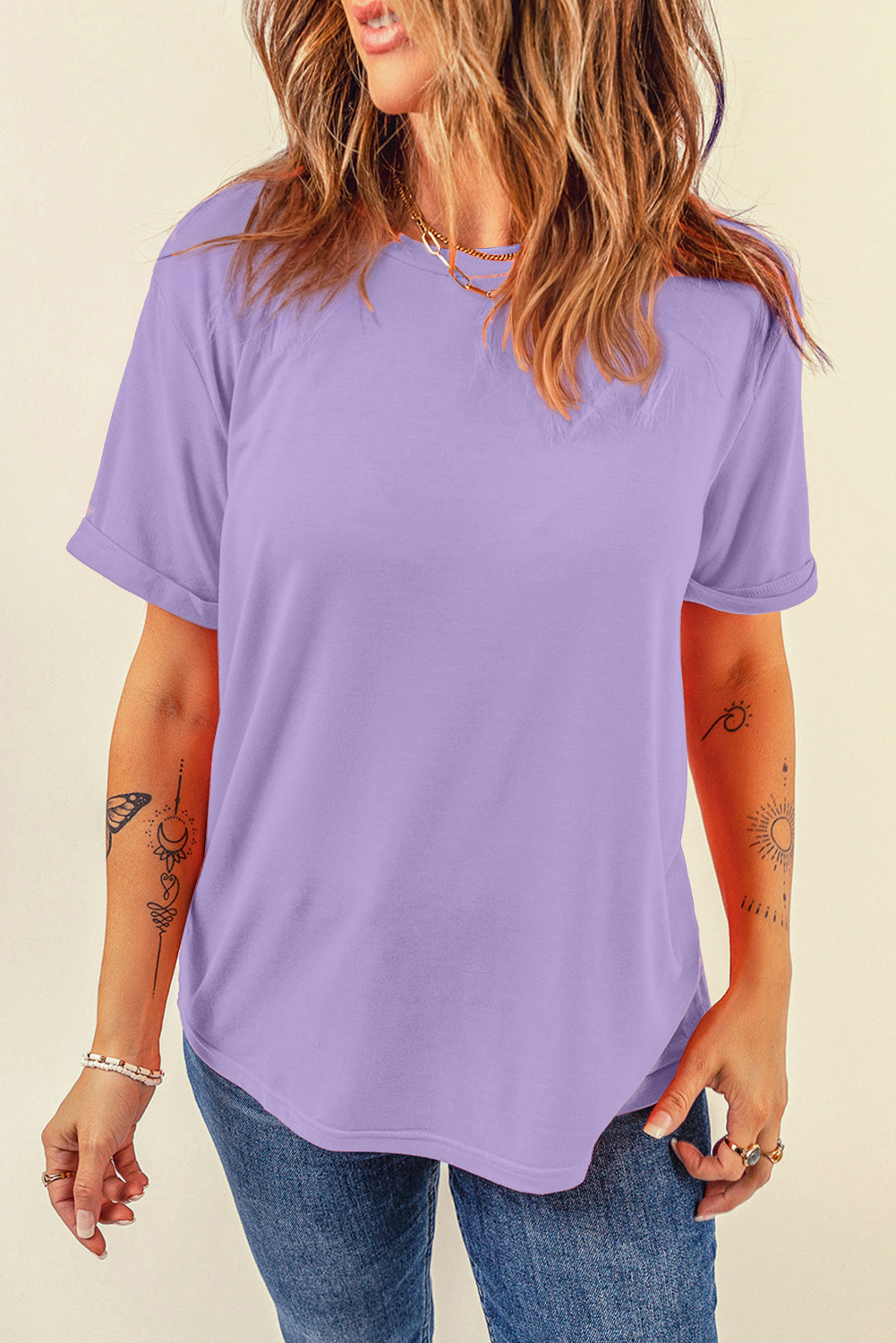Tillandsia Purple Casual Plain Crew Neck Tee