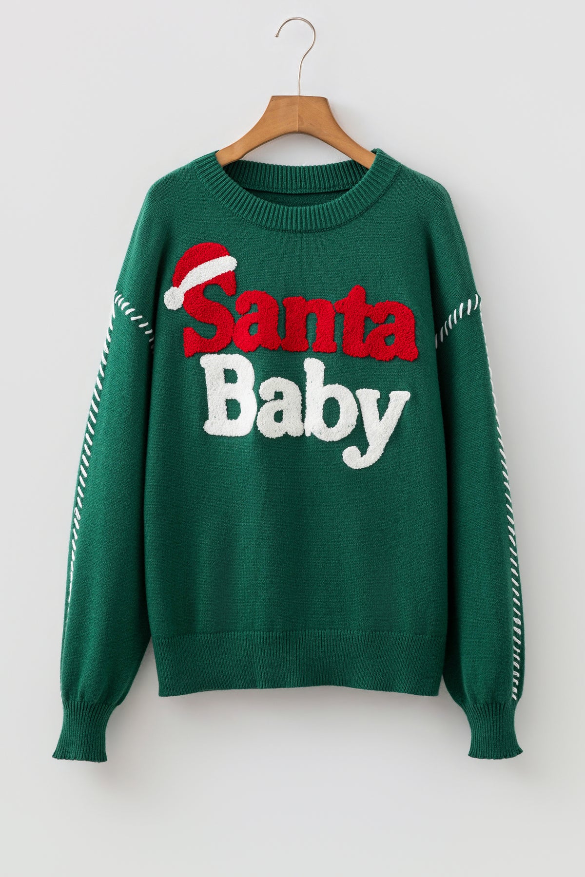 Evergreen Santa Baby Towel Embroidery Christmas Slogan Pullover Sweater