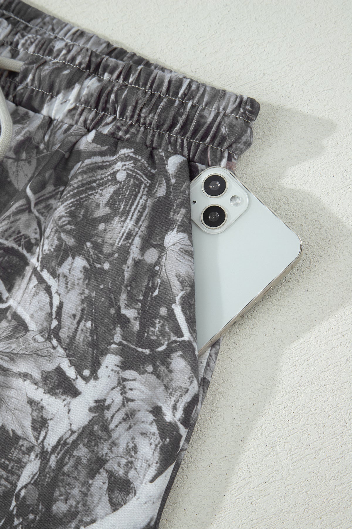 Gray Abstract Maple Leaf Printed Tie Elastic Waist Shorts
