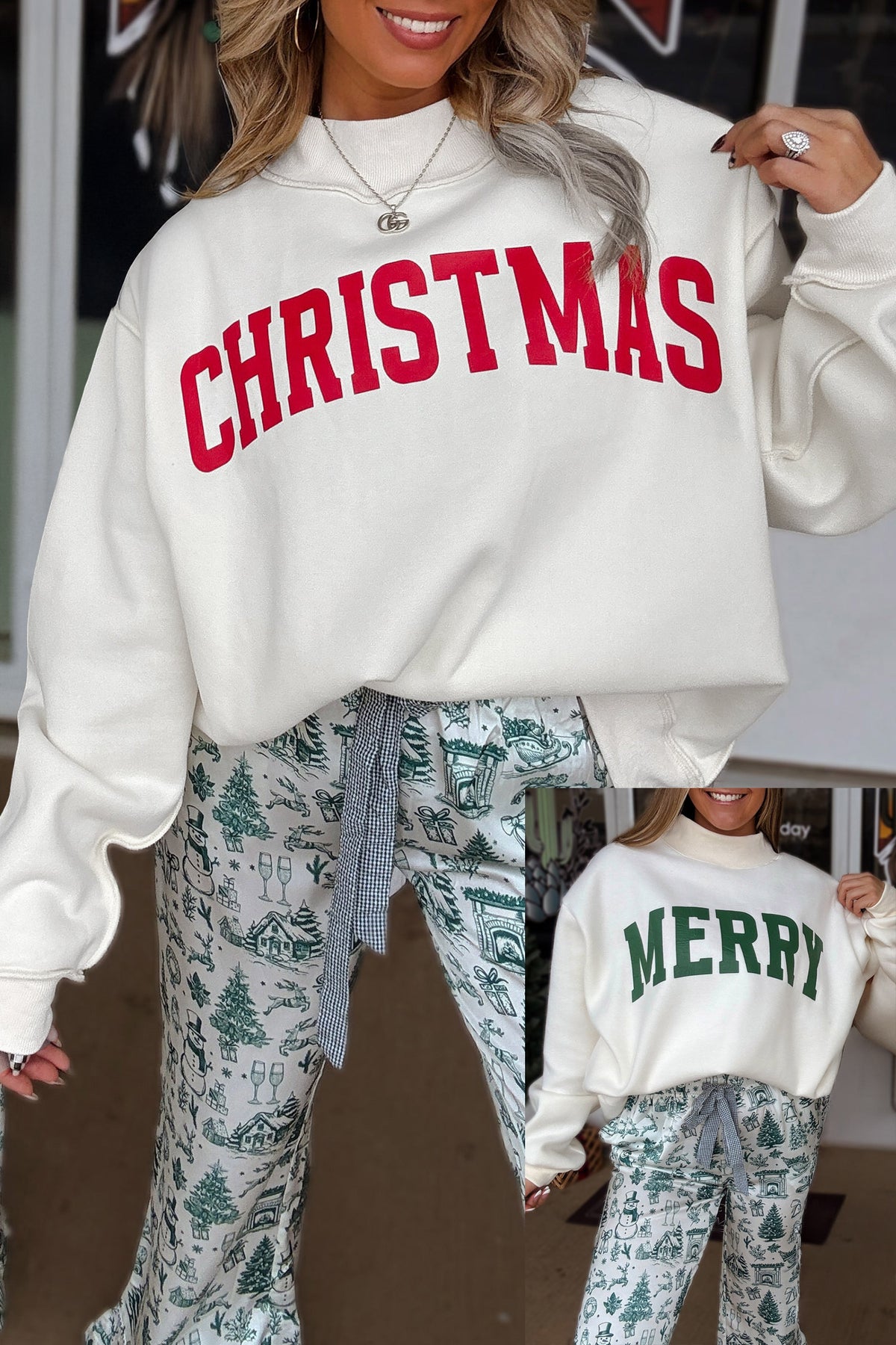 MERRY/CHRISTMAS Reversible Print Mock Neck Baggy Pullover Sweatshirt