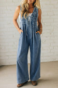Dusk Blue 100% Cotton Acid Wash Pintuck Tie V Neck Denim Wide Leg Jumpsuit