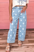 Sky Blue Polka Dot Ankle-Length Metal Button Casual Jeans