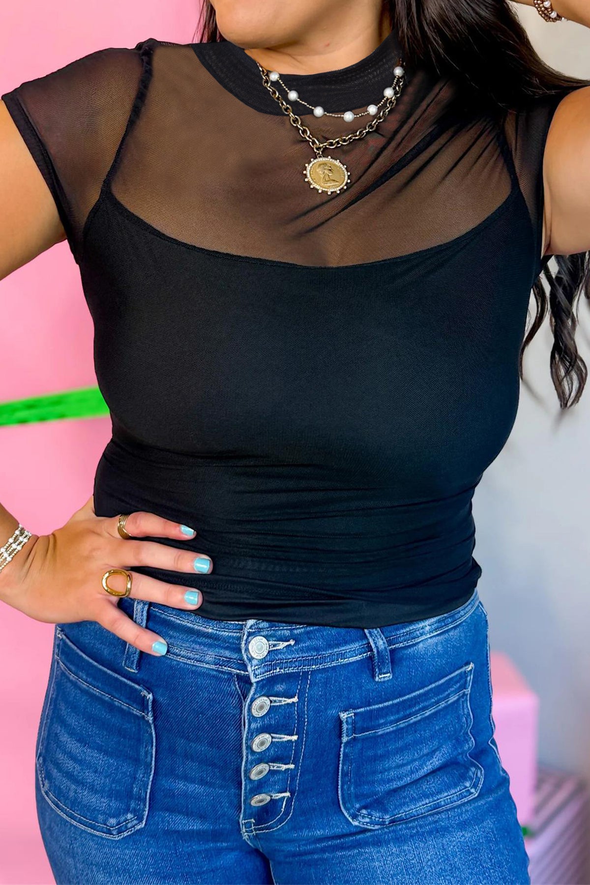 Black Sheer Mesh Patchwork Cap Sleeve T Shirt