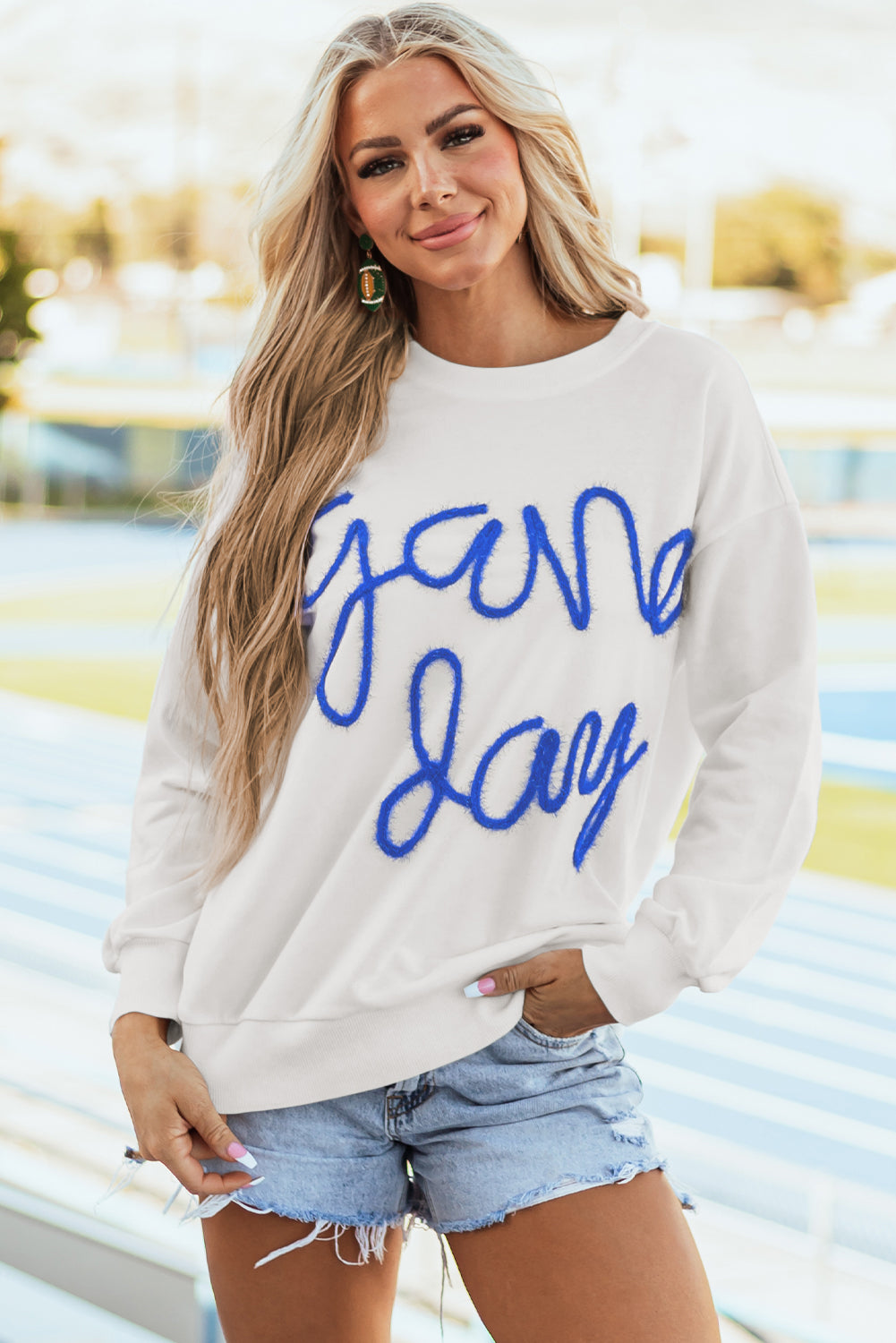 Russet Orange Tinsel Game Day Drop Shoulder Graphic Sweatshirt