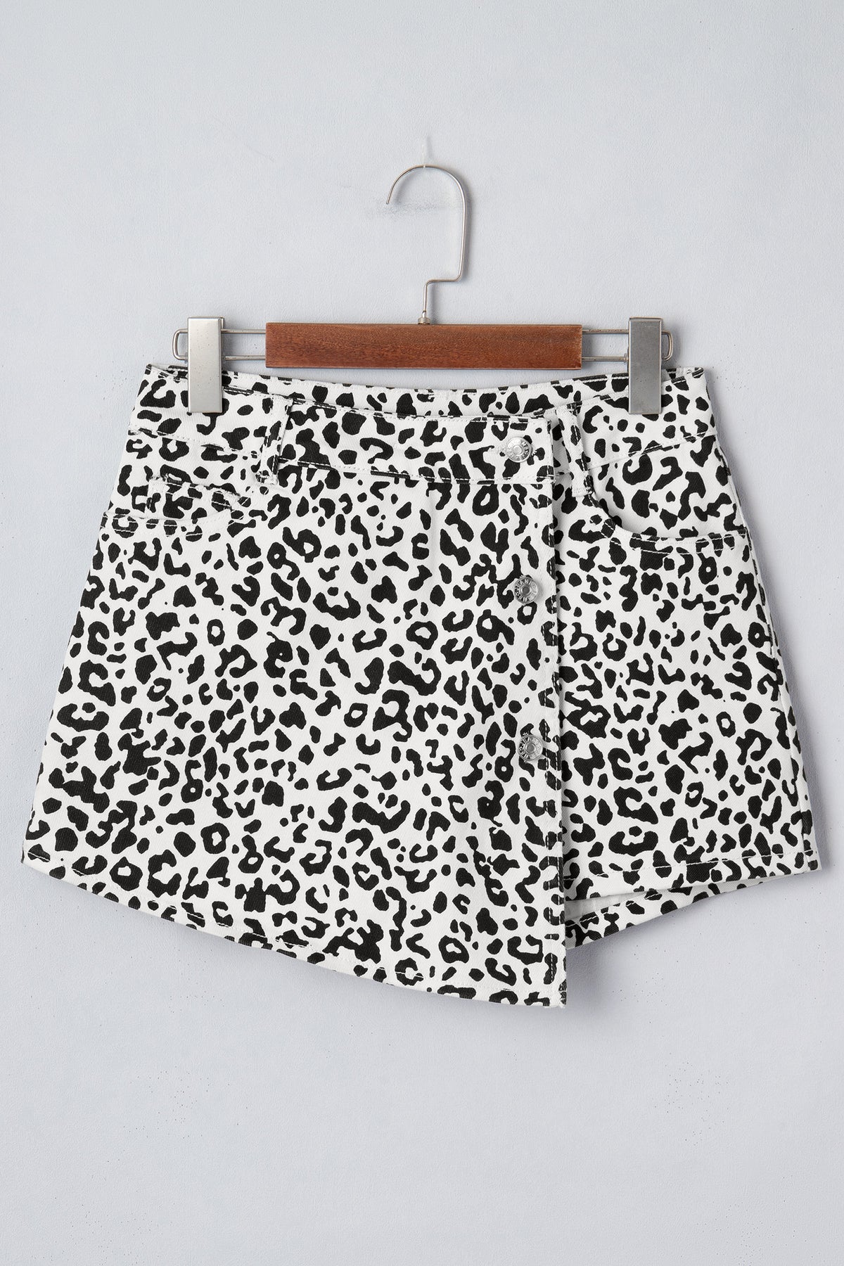 Black Leopard Print Button Overlap Denim Shorts