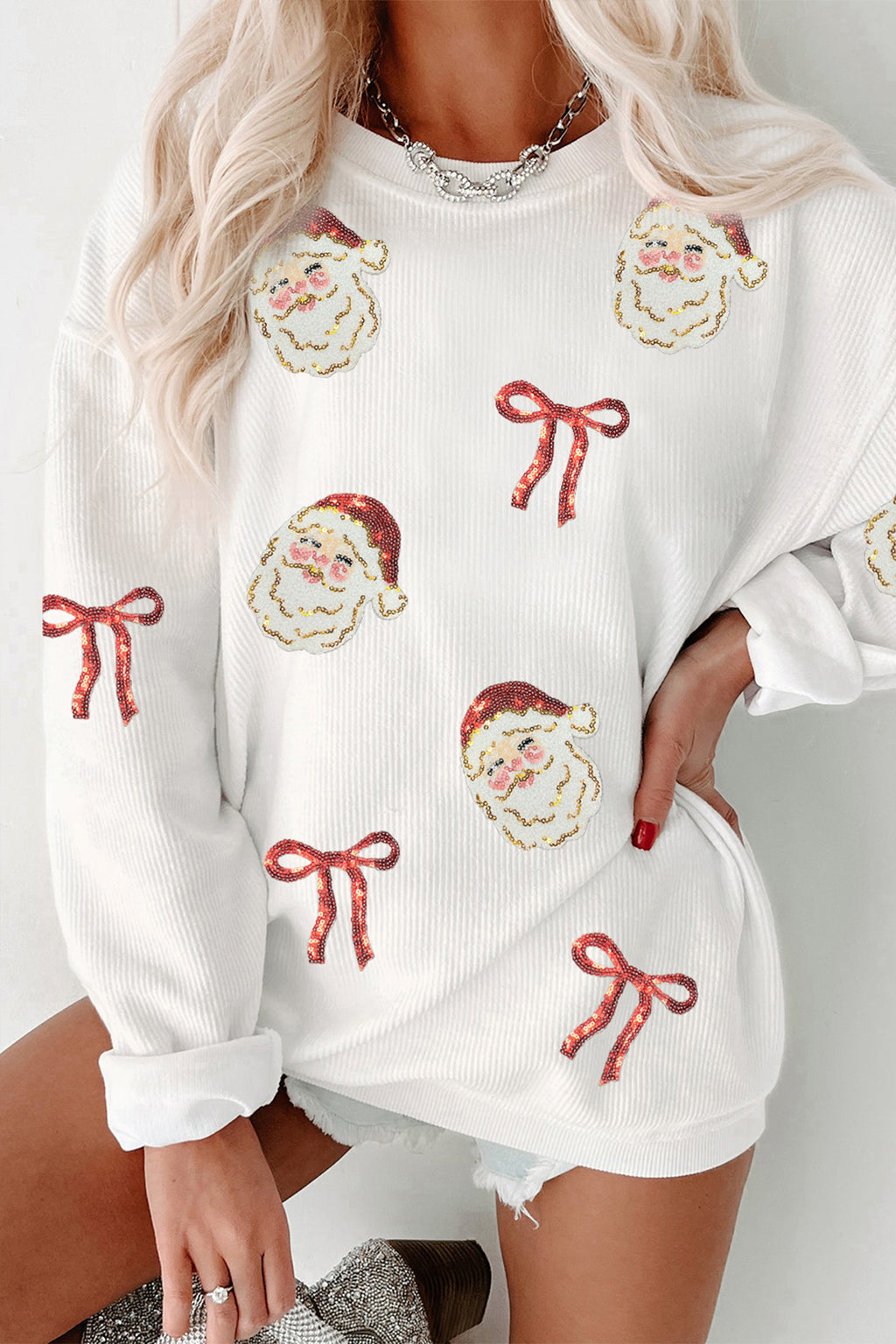 White Corded Rib Sequin Santa Bow Patched Drop Shoulder Graphic Sweatshirt