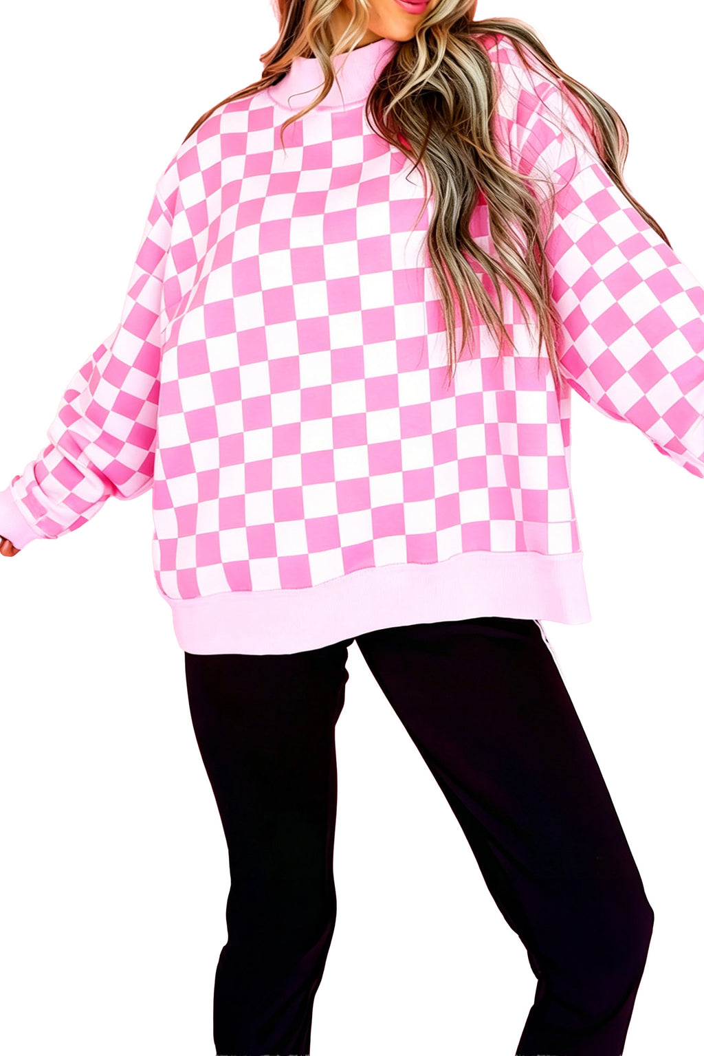 Black Checkered Print High Neck Baggy Sweatshirt