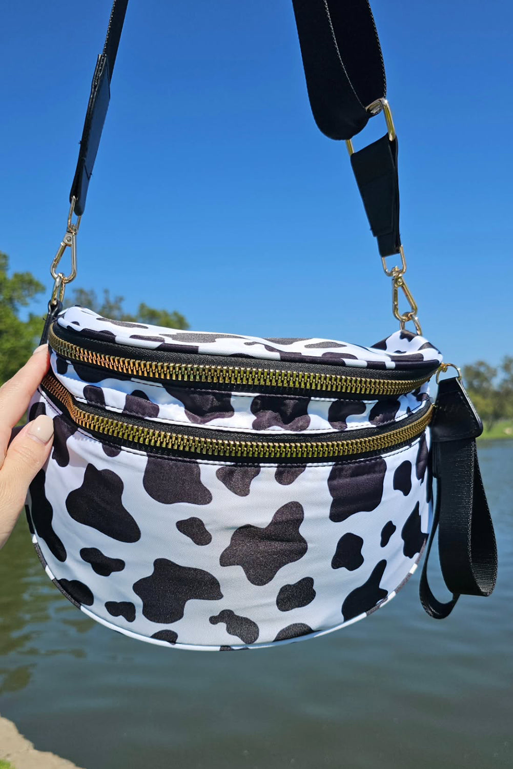 Blackish Green Checkered Print Wide Strap Large Crossbody Bag