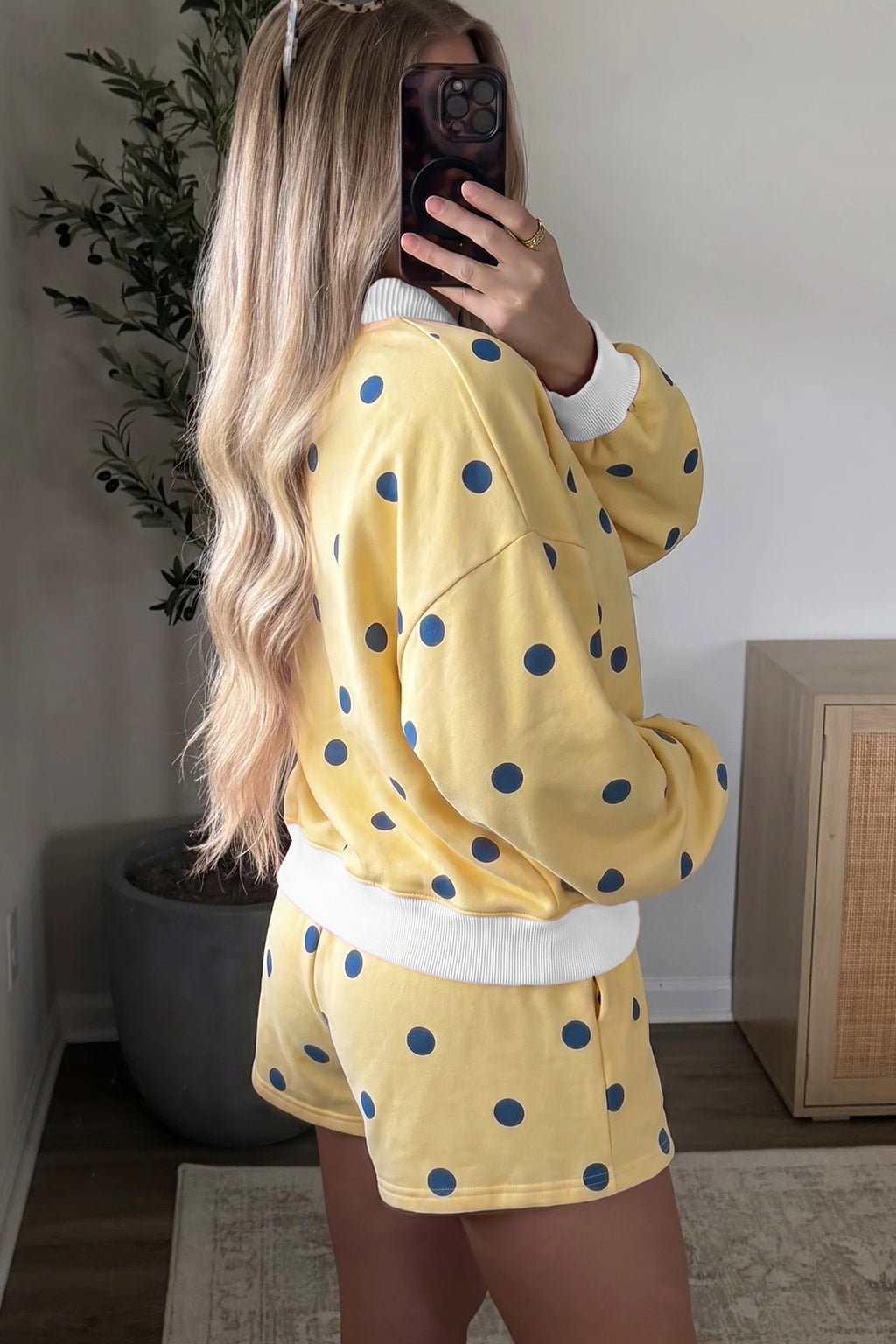Pink Polka Dot Ribbed Trim Long Sleeve Top Casual Short Set