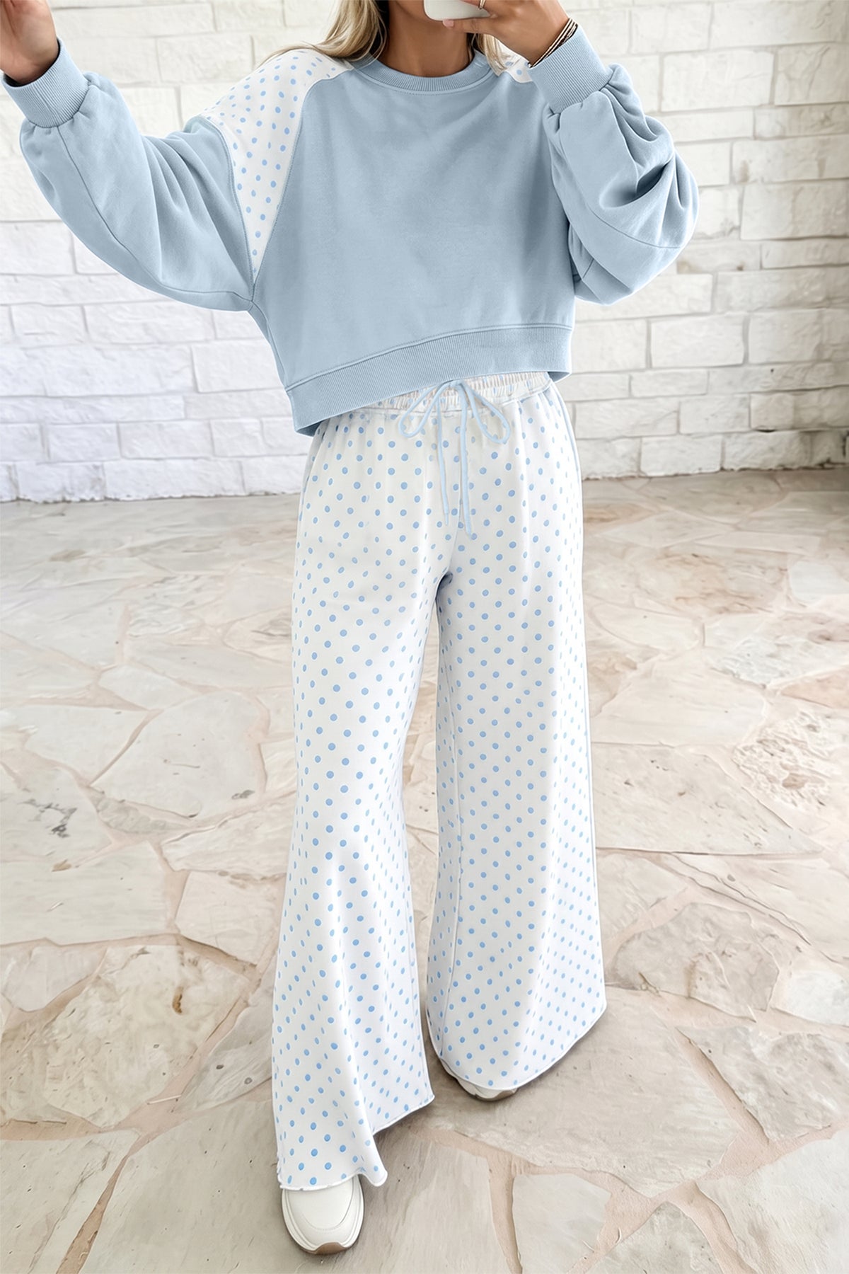 Khaki Polka Dot Patchwork Colorblock Long Sleeve Casual Two Piece Pants Set