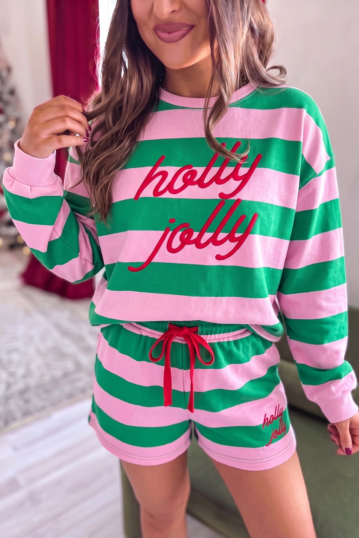 Red Stripe Holly Jolly Embroidery Pullover Long Sleeve Two Piece Shorts Set