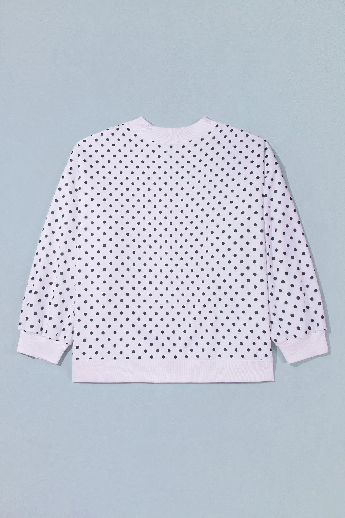 White Polka Dot Ribbed Stand Neck Plus Size Casual Sweatshirt