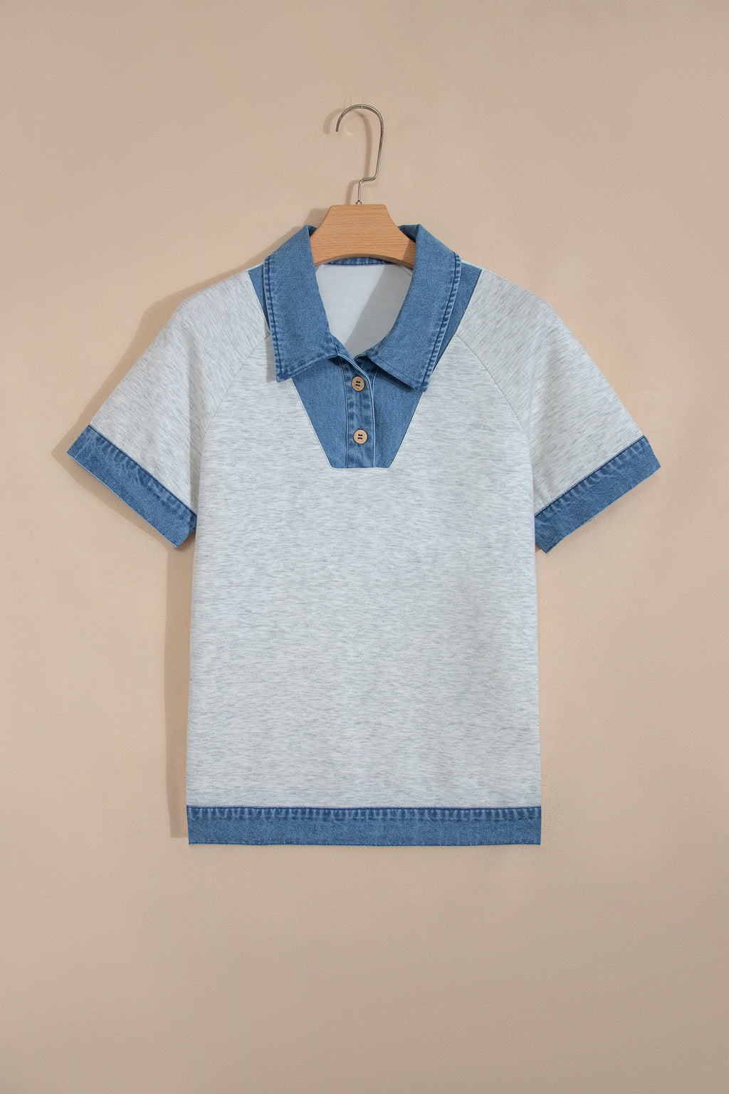 Light Grey Denim Contrast Collar Cuffed Short Sleeve Top