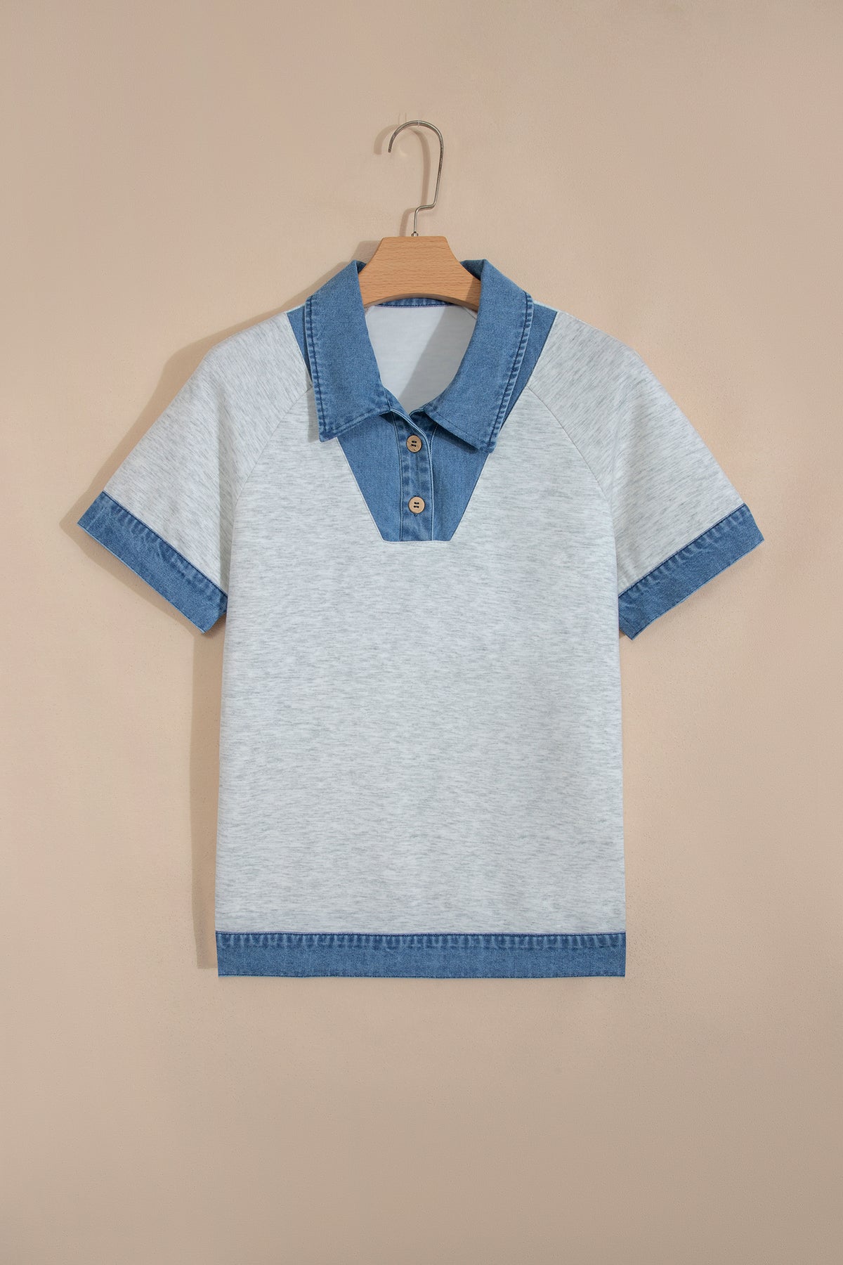 Light Grey Denim Contrast Collar Cuffed Short Sleeve Top