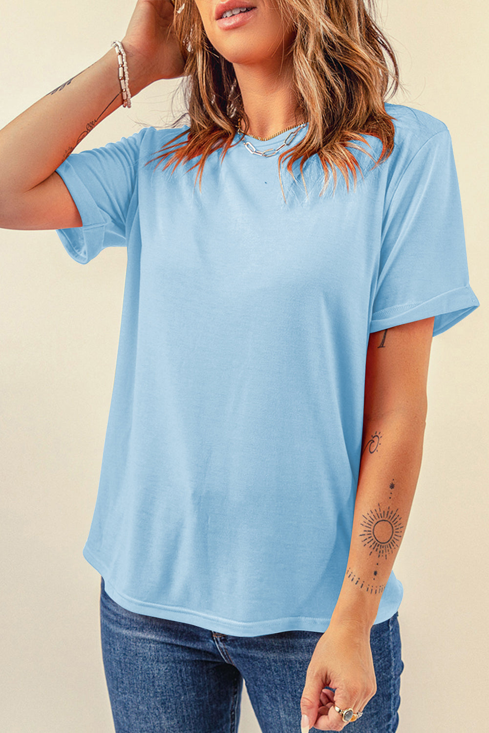 Tillandsia Purple Casual Plain Crew Neck Tee