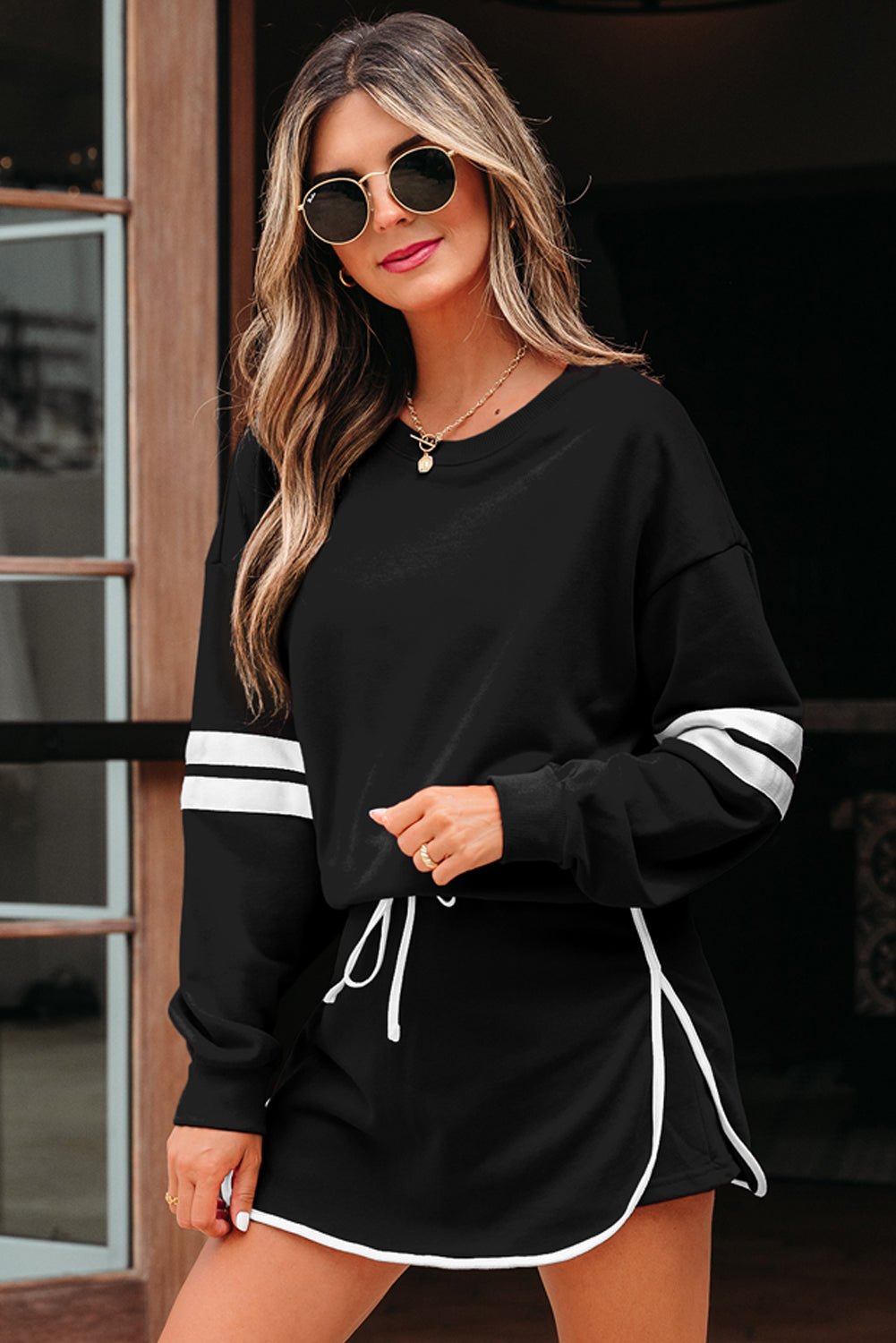 Tillandsia Purple Varsity Stripe Detail Drop Shoulder Pullover Mini Skort Set