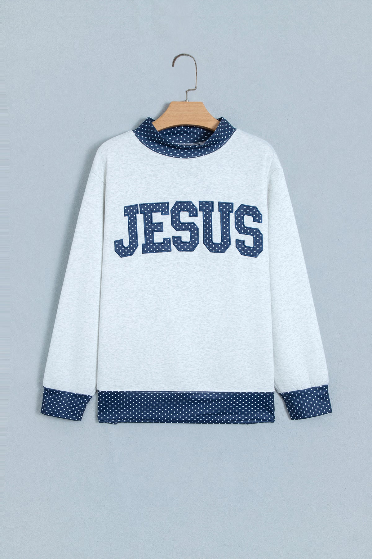Light Grey Polka Dot Contrast Trim JESUS Letter Graphic Sweatshirt