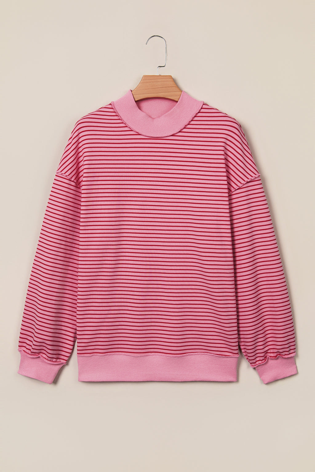 Khaki Stripe Ribbed Color Block Mock Neck Oversized Sweatshirt