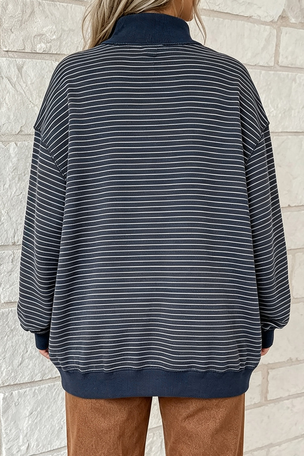 Khaki Stripe Ribbed Color Block Mock Neck Oversized Sweatshirt