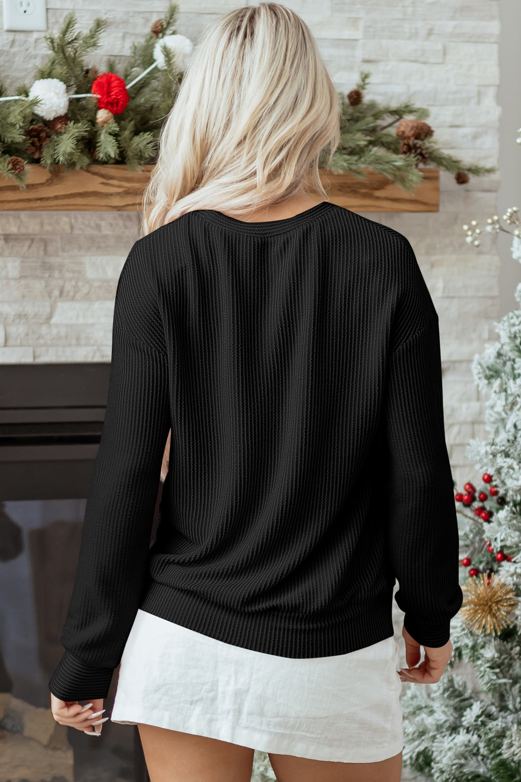Evergreen Twisted Rib Outlined Merry Letter Graphic Loose Long Sleeve Top
