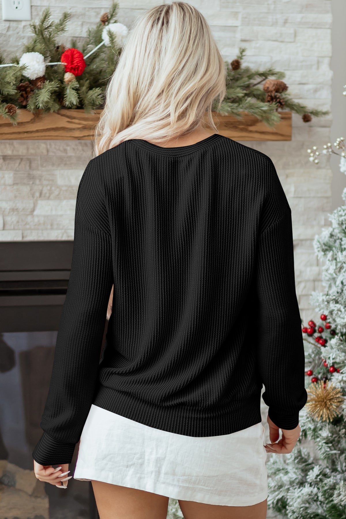 Evergreen Twisted Rib Outlined Merry Letter Graphic Loose Long Sleeve Top