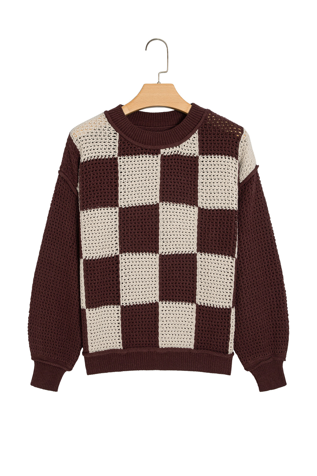 Brown Checkered Pattern Knit Loose Pullover Sweater