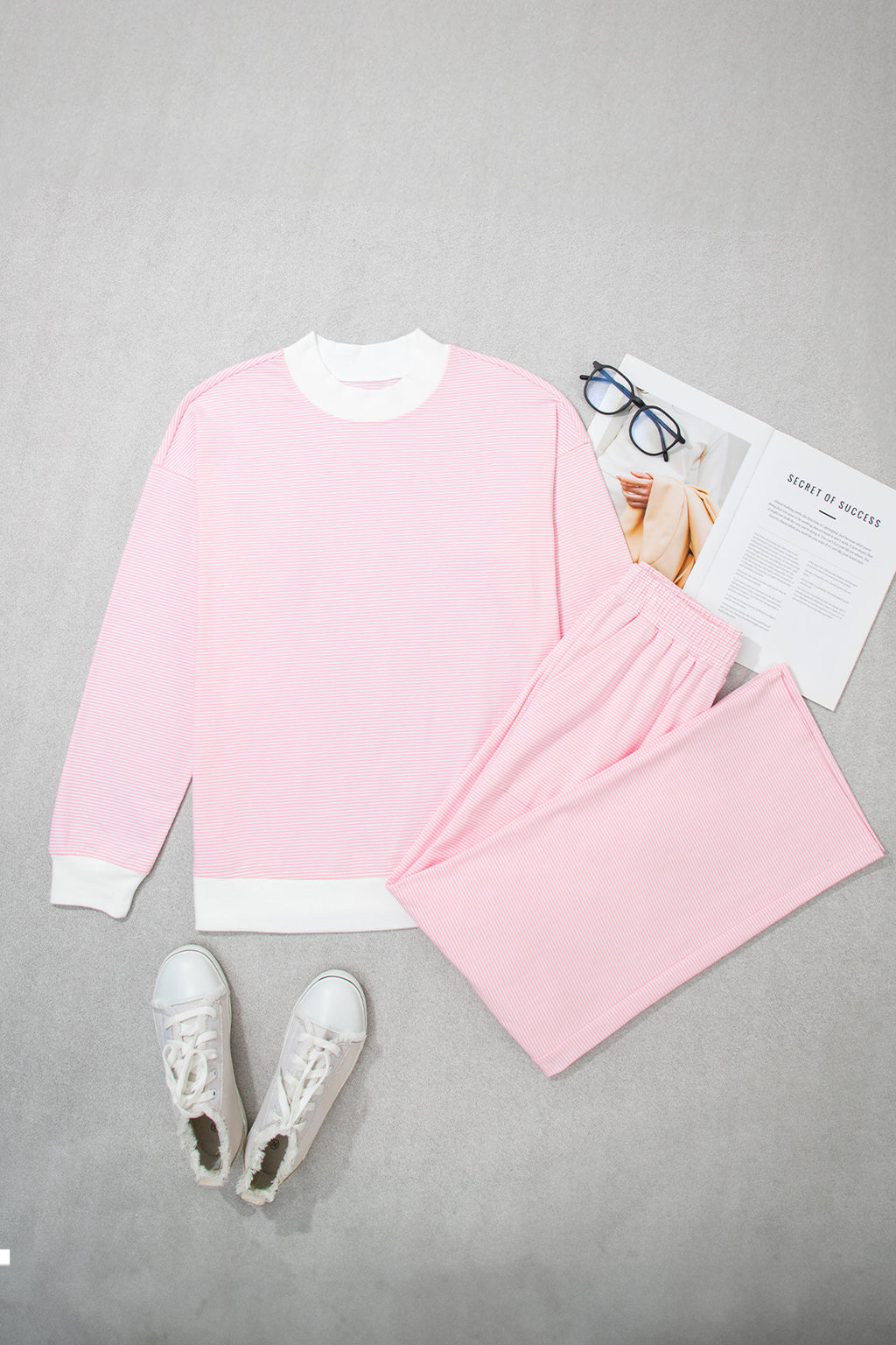 Pink Stripe Color Block Trim Mock Neck Pullover Drawstring Pants Casual Outfit