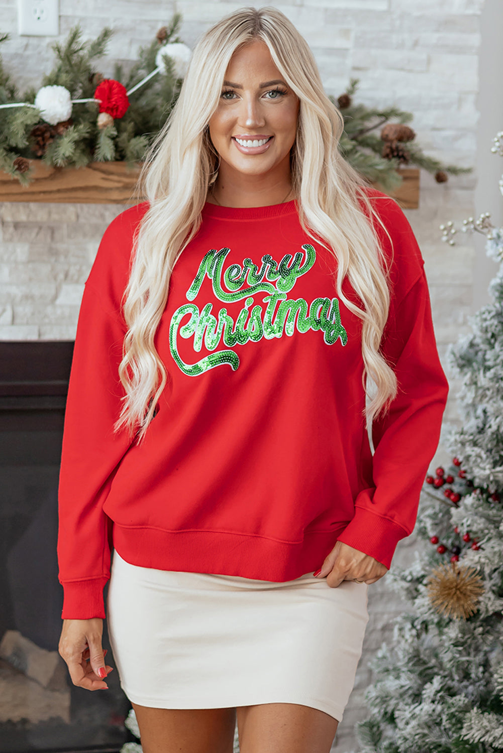 Red Merry Christmas Crewneck Drop Shoulder Loose Sweatshirt