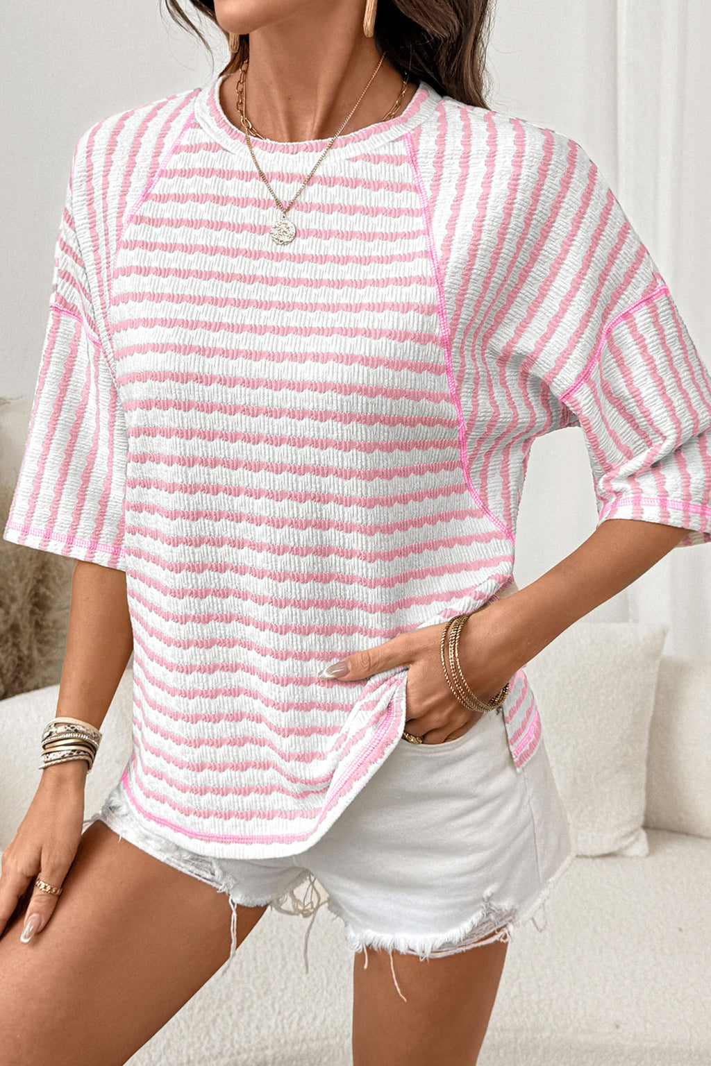 Blue Stripe Textured Knit Split Hem Half Sleeve Loose Top