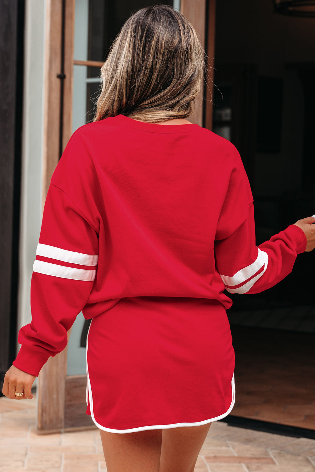 Tillandsia Purple Varsity Stripe Detail Drop Shoulder Pullover Mini Skort Set
