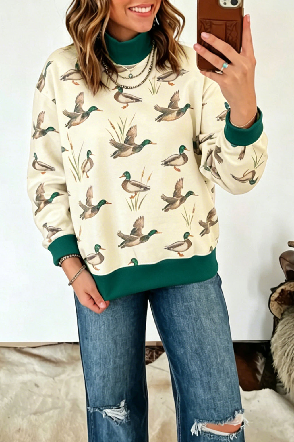 Multicolour Mallard Print Patchwork Colorblock High Neck Sweatshirt