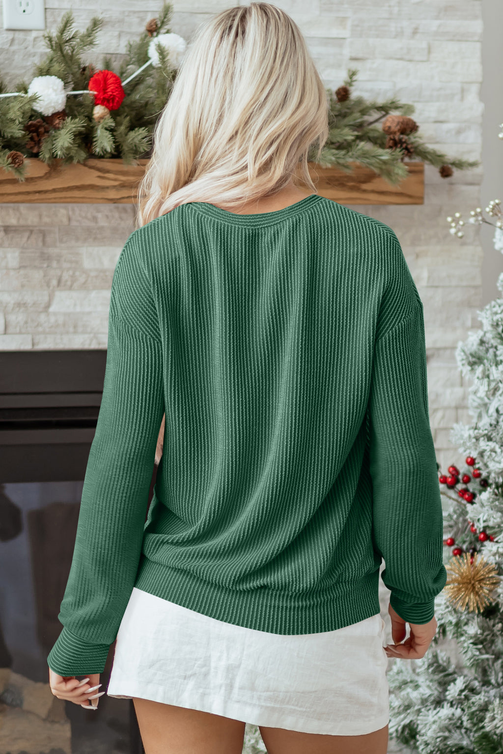 Evergreen Twisted Rib Outlined Merry Letter Graphic Loose Long Sleeve Top