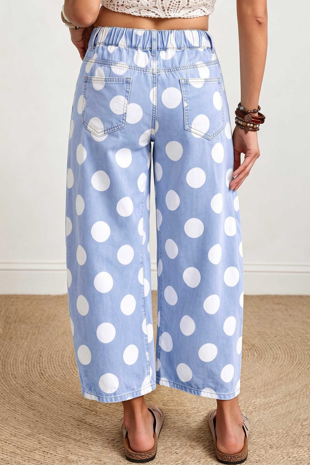 White Polka Dot Ankle-Length Barrel Jeans