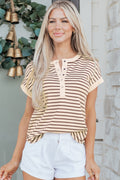 Khaki Stripe Half Buttons Round Neck T Shirt