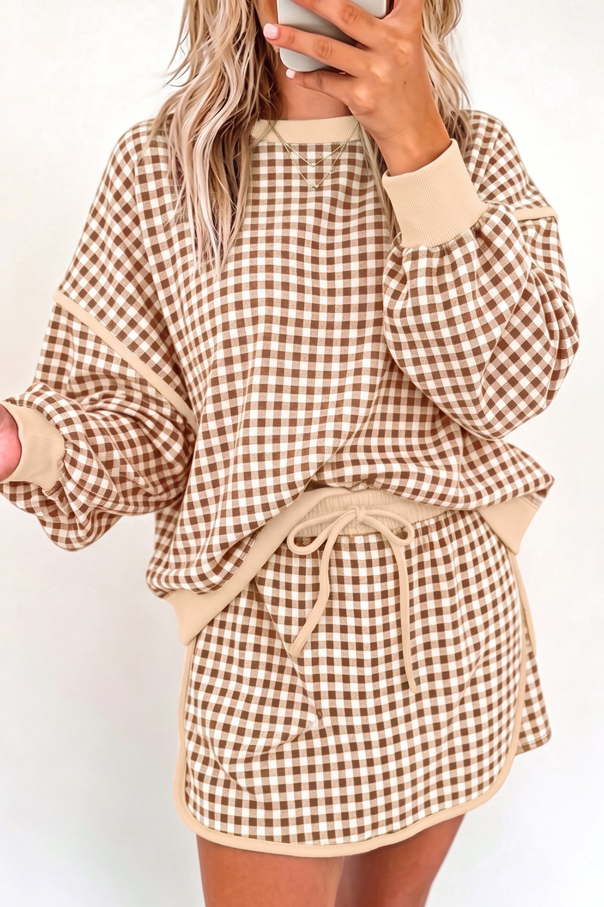 Red Gingham Oversized Ribbed Trim Crew Neck Long Sleeve Top and Skort Set