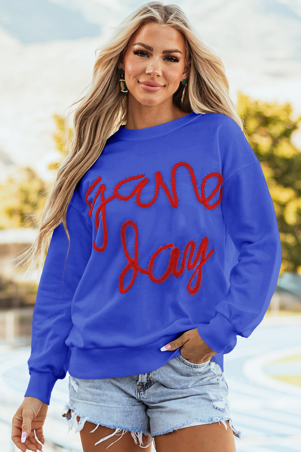 Russet Orange Tinsel Game Day Drop Shoulder Graphic Sweatshirt
