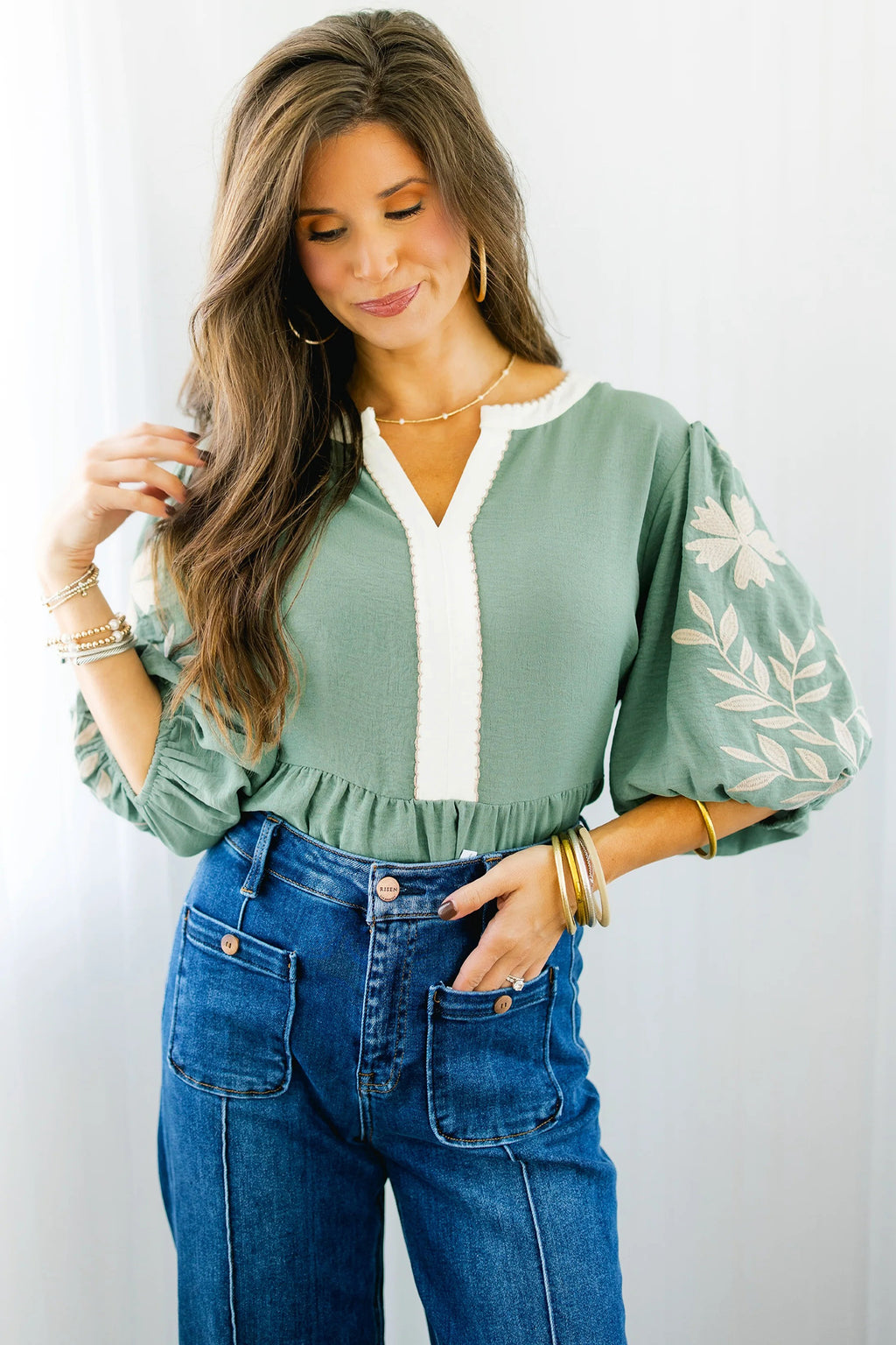 Smoke Green Color Block Patchwork V Neck Embroidered Puff Sleeve Babydoll Blouse