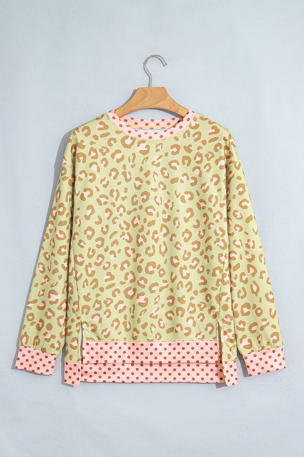 Pink Leopard Polka Dot Colorblock Trim Long Sleeve Top