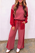 Red Color Block Plaid Patchwork Long Sleeve Pullover Wide Leg Pant Set
