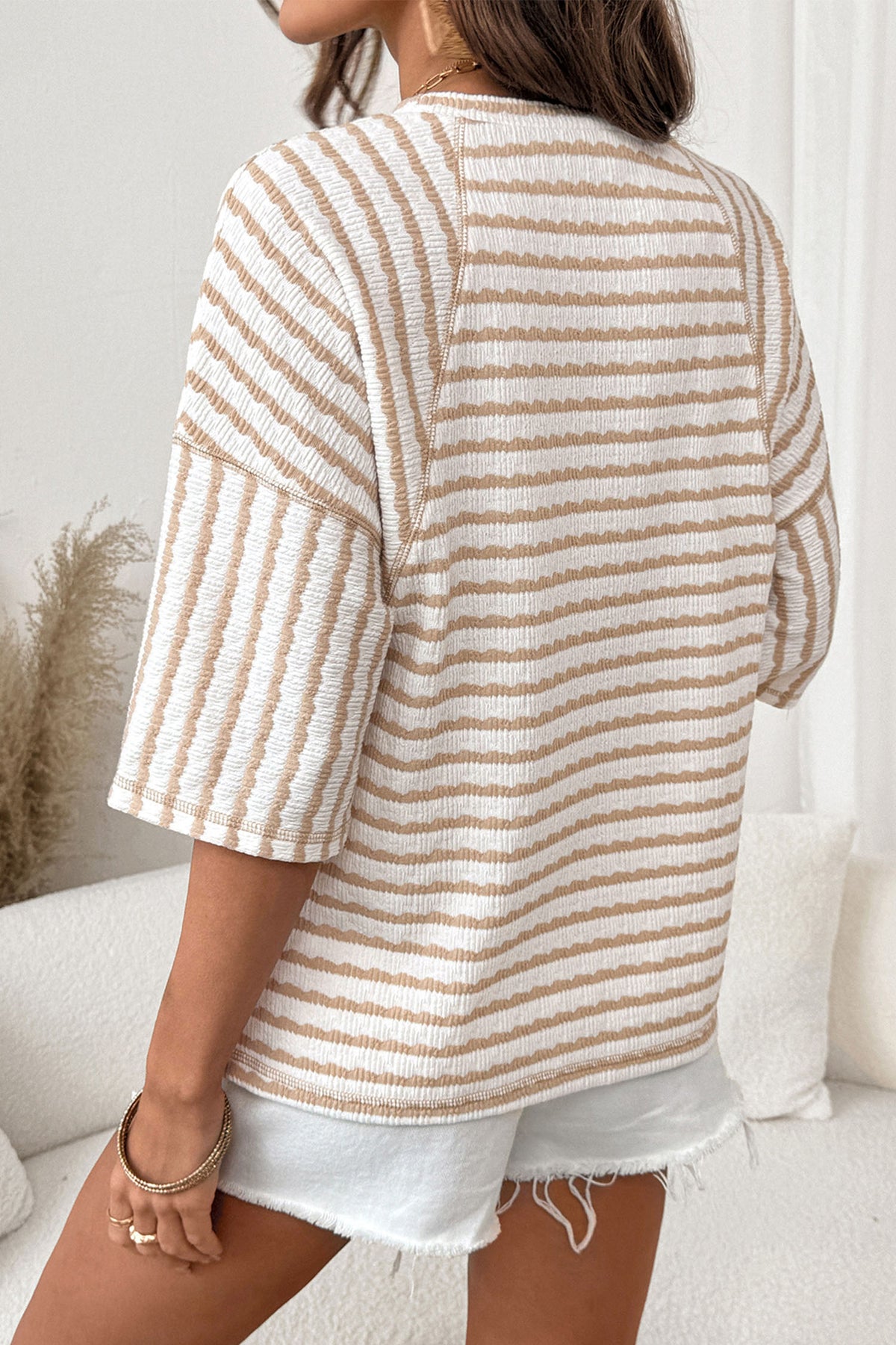 Blue Stripe Textured Knit Split Hem Half Sleeve Loose Top