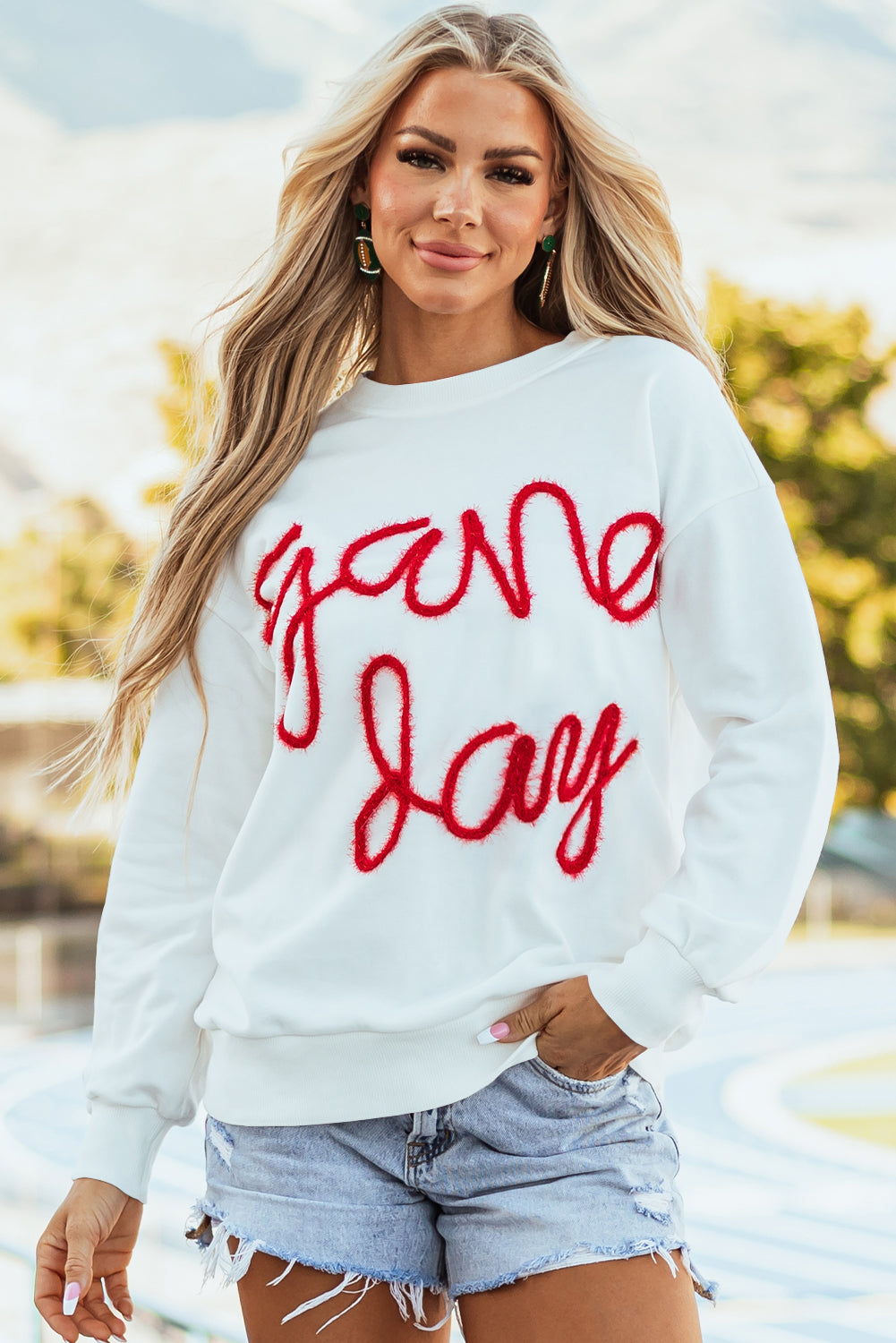 Russet Orange Tinsel Game Day Drop Shoulder Graphic Sweatshirt