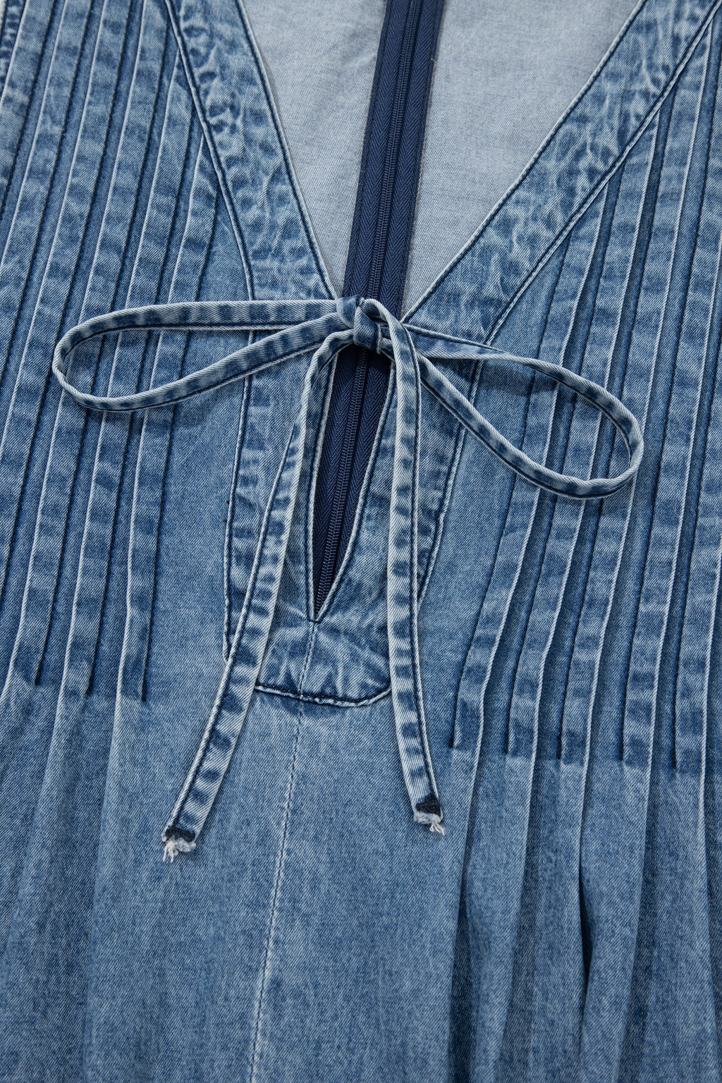Dusk Blue 100% Cotton Acid Wash Pintuck Tie V Neck Denim Wide Leg Jumpsuit