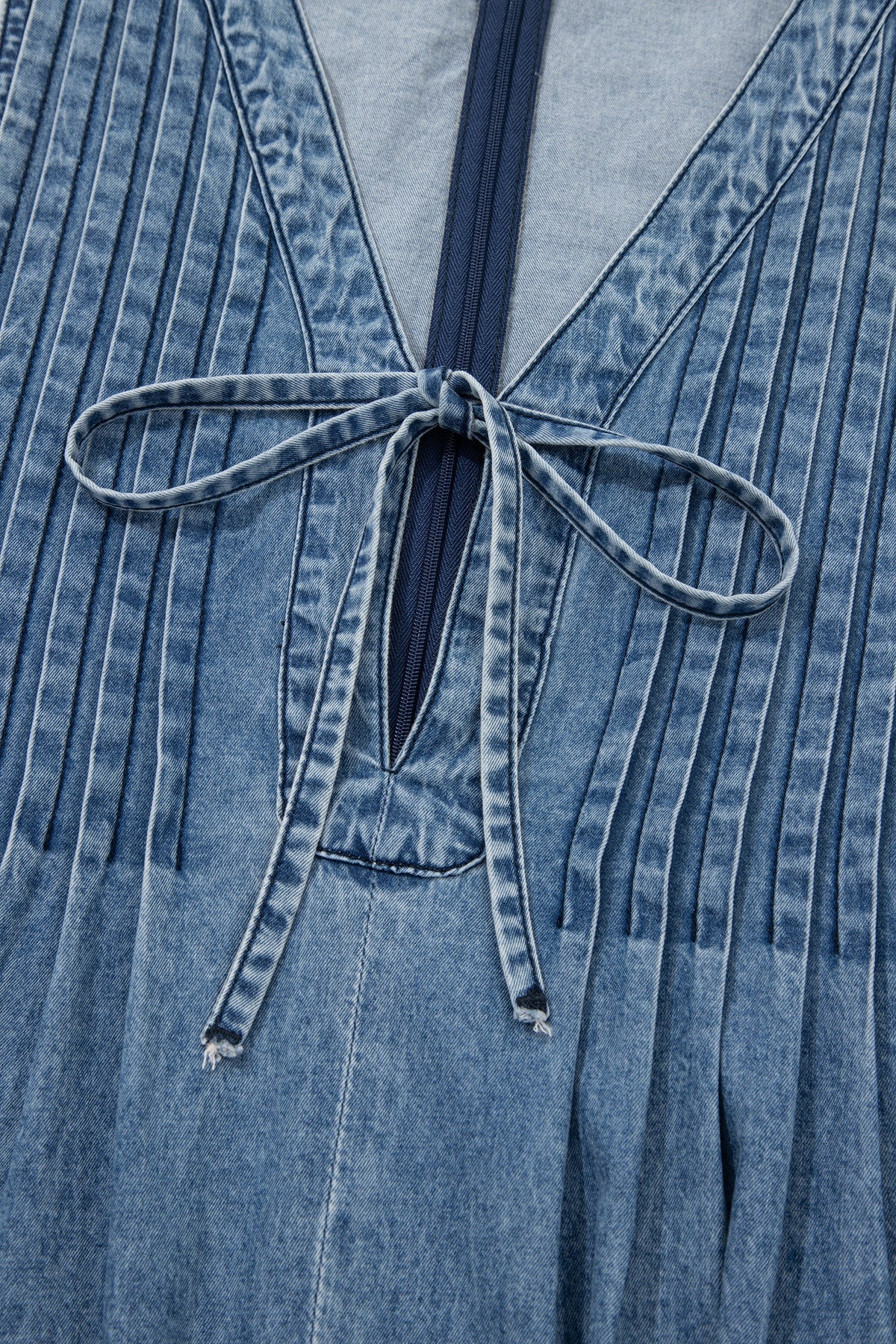 Dusk Blue 100% Cotton Acid Wash Pintuck Tie V Neck Denim Wide Leg Jumpsuit