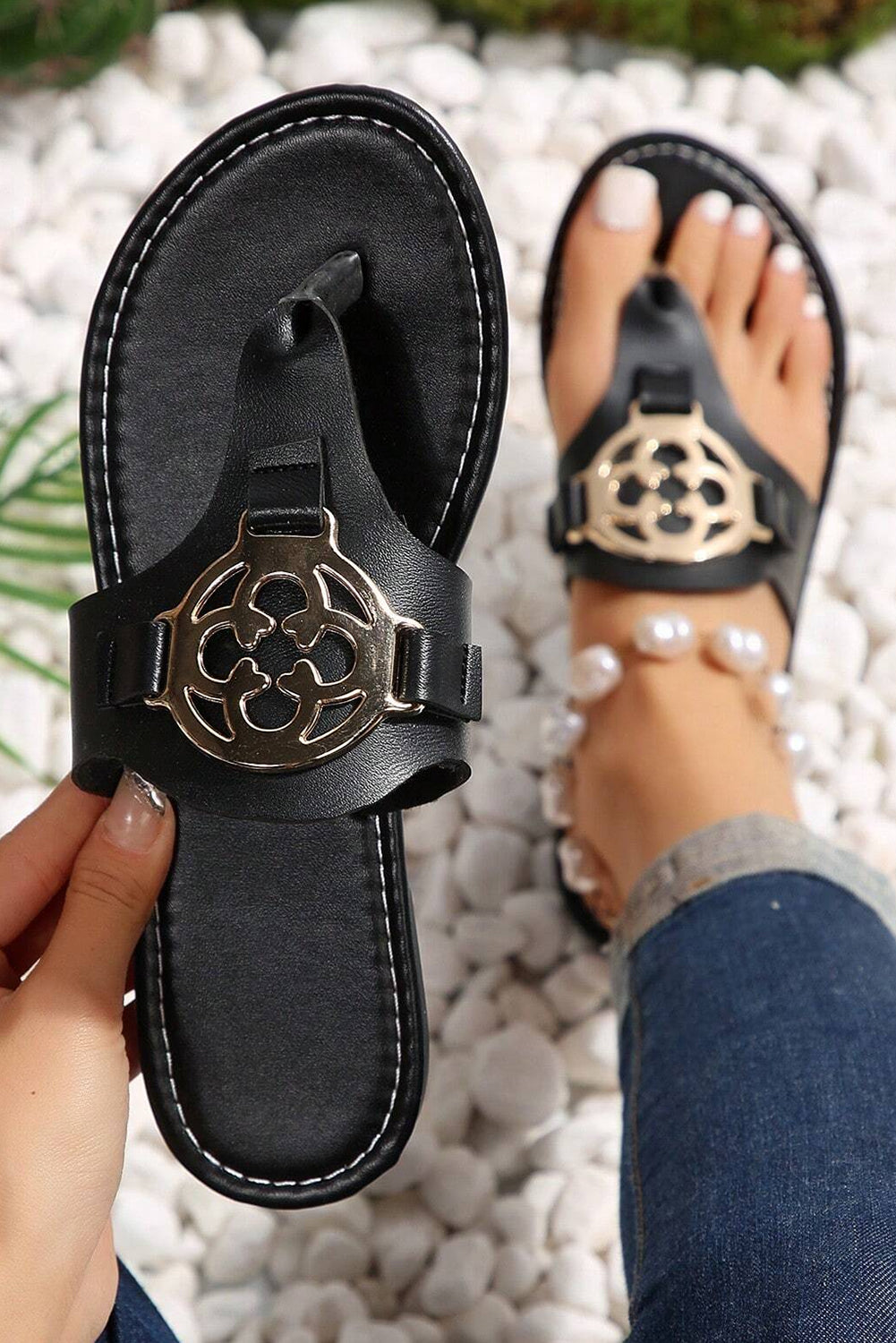 White Metal Decor Leather Thong Slippers