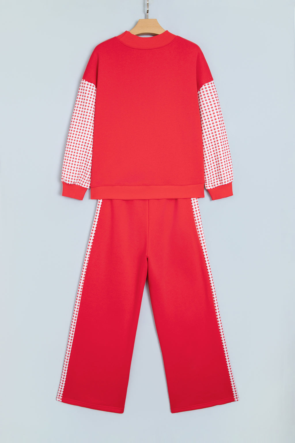 Fiery Red Plaid Contrast Long Sleeve Top And Wide Leg Pants Set